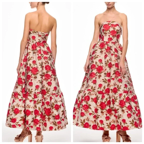 chinese dress ladies Mac Duggal Women's Strapless Floral Brocade Ruffle Hem Detail Gown - Red - Size 4